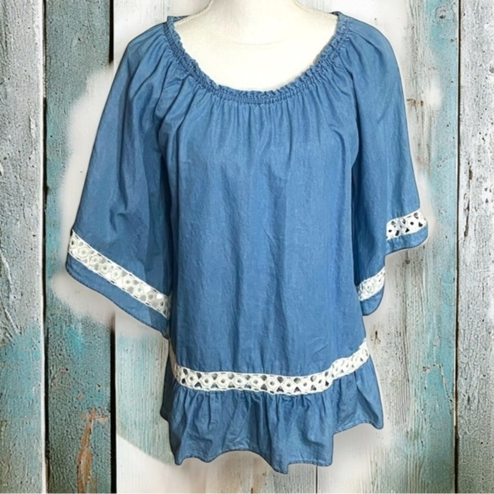 Khakis & Co Chambray Boatneck Crochet Trimmed Bell Sleeve Top